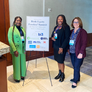 Pictured: bi3 VP of Strategic Partnerships Kiana Trabue, bi3 Committee Chair Melissa Thomasson, Ph.D., and Cradle Cincinnati's Meredith Shockley-Smith, Ph.D., sharing how bi3 is helping our partners build trust with birthing families through the Mama Certified program.