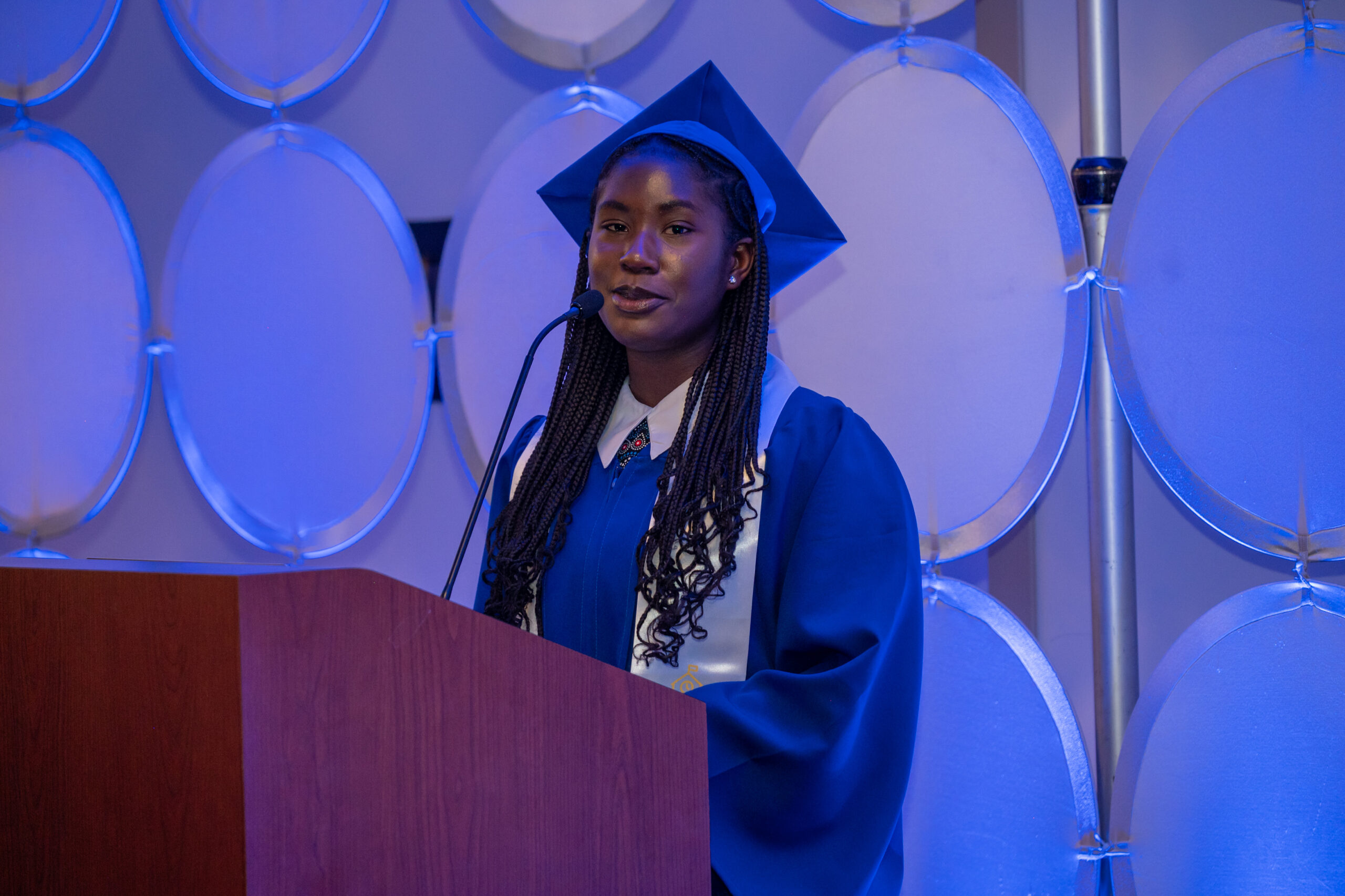 Faustina School to work student giving speech at graduation